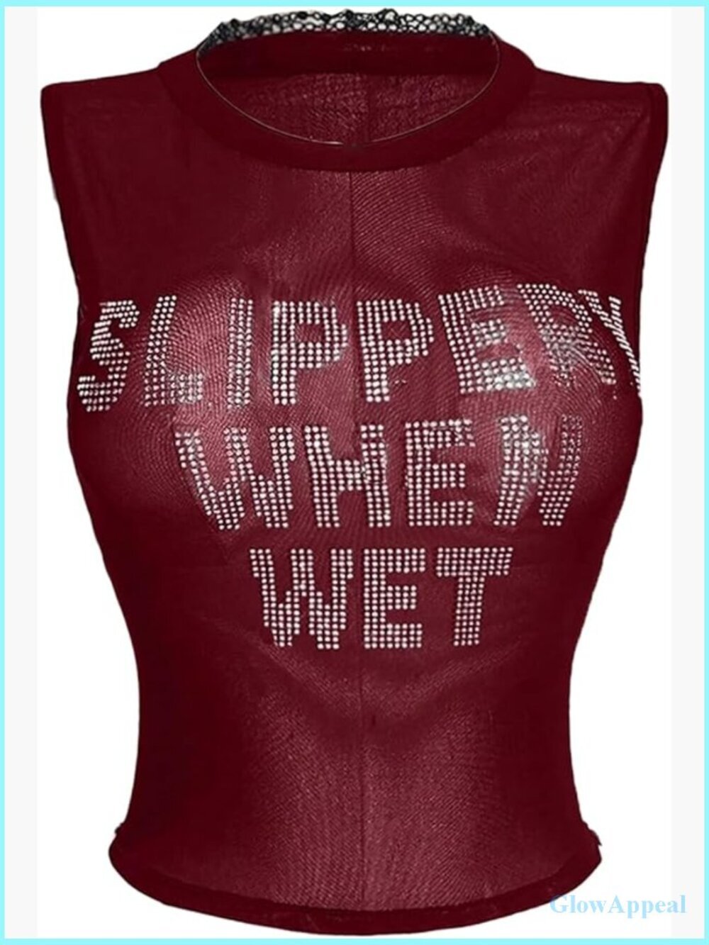 Plus Size Rhinestone Letter Tank Top Y2K Sheer Mesh Crop Top